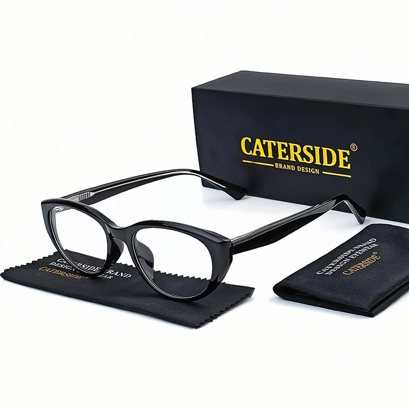 Caterside Small Optical Glasses Frame Men Cat Eye Elliptical Fashion TR-90 Frame Plain Leopard Print Glasses Gift Set Eyeglass