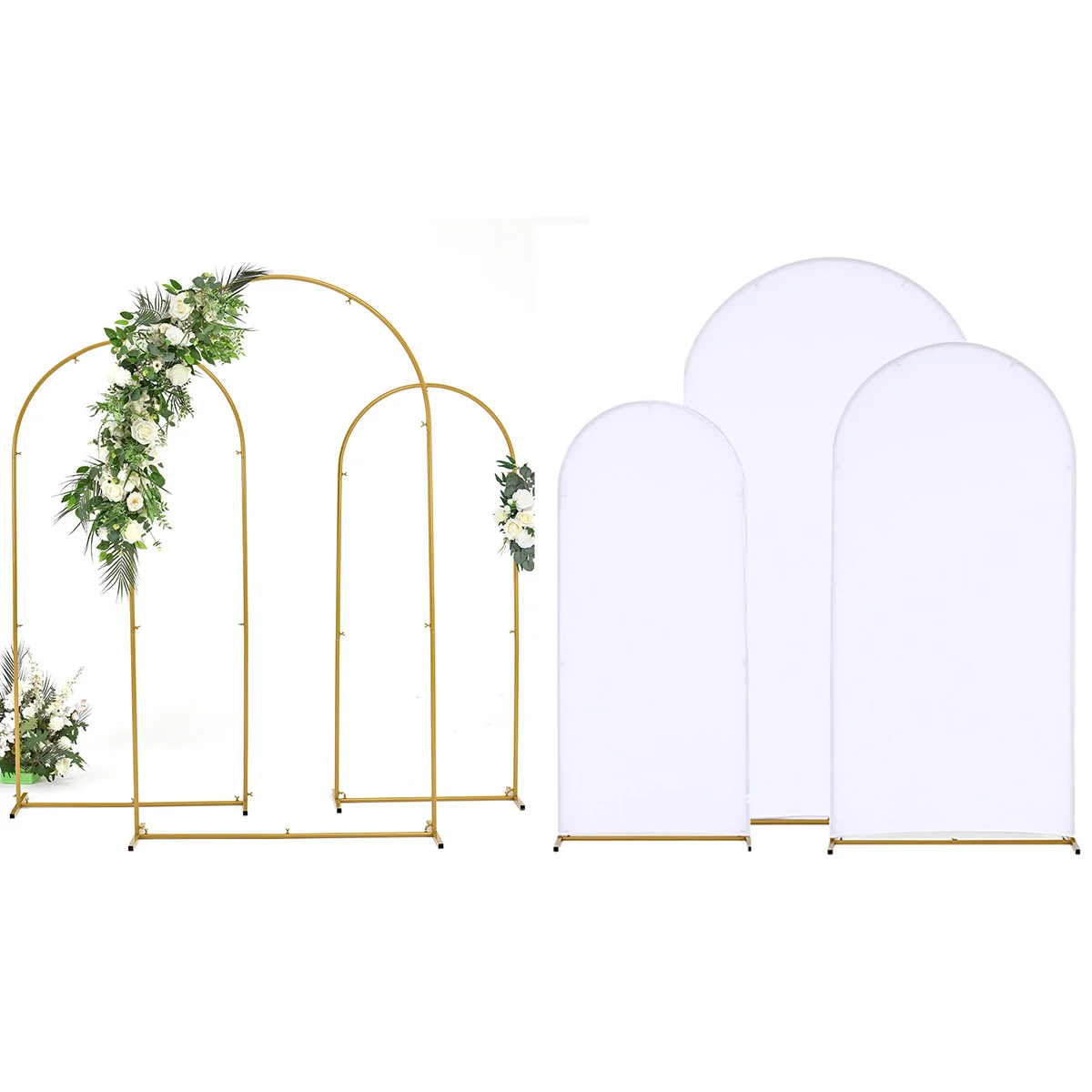 

Wedding Arch Backdrop Stand and Cover Set (7.2FT, 6.6FT, 5.9FT) 3 Gold Metal Arch Stands 3 White Spandex Arch Covers for Party