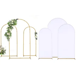 Wedding Arch Backdrop Stand and Cover Set (7.2FT, 6.6FT, 5.9FT) 3 Gold Metal Arch Stands 3 White Spandex Arch Covers for Party