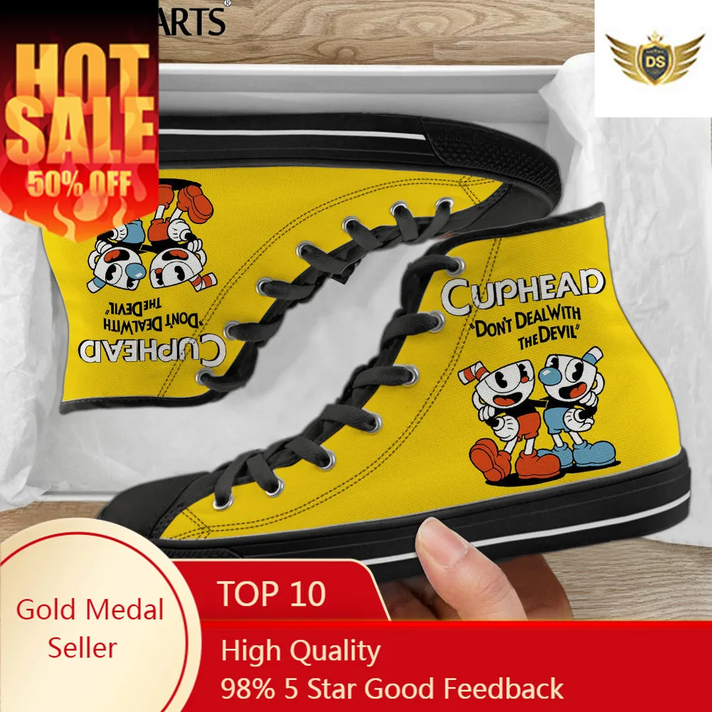 Game Cuphead Mugman Cartoon Pattern Casual Lace Up Sneakers For Men Boys High Top Canvas Footwear Vulcanized Shoes