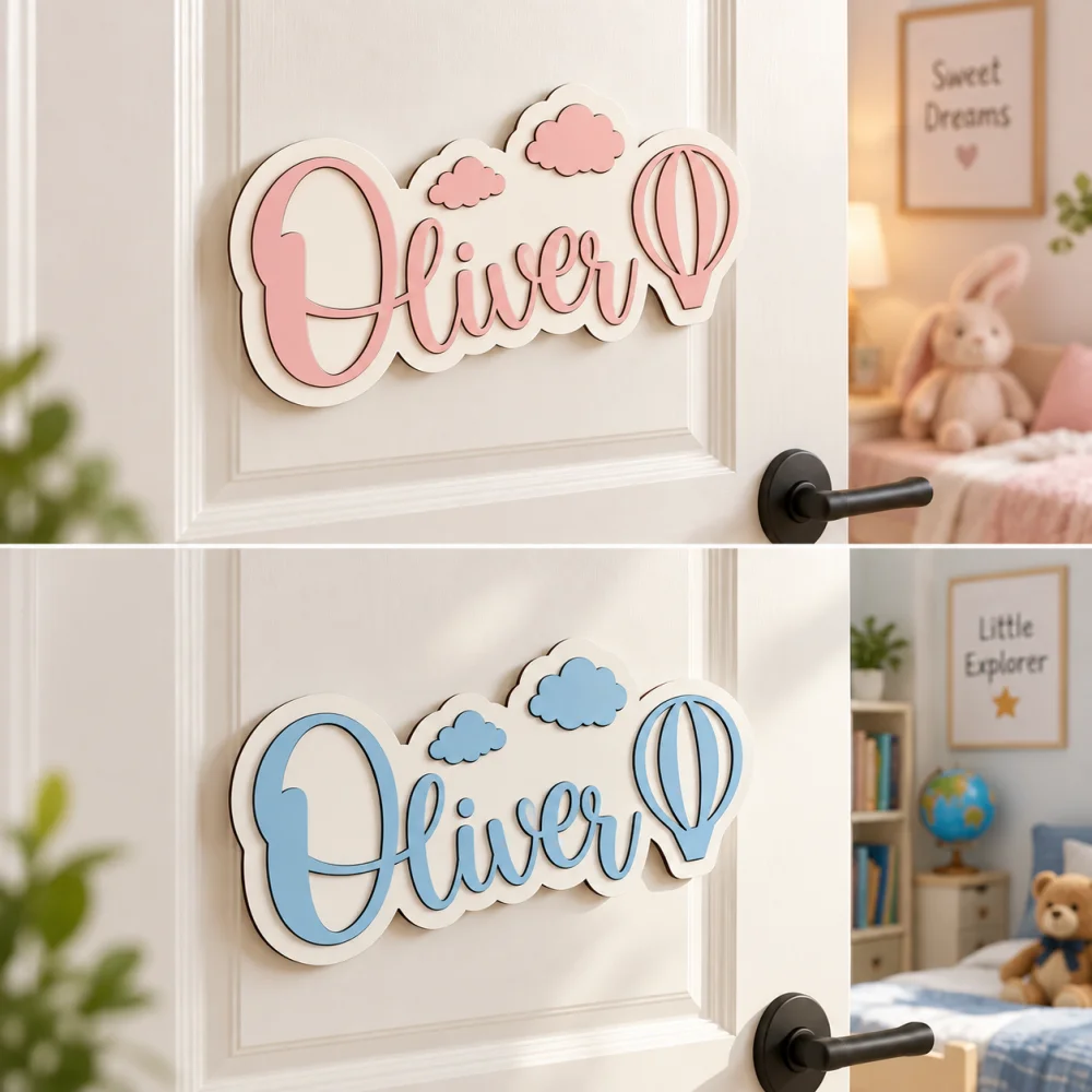 1Pc Wooden Double-Layer Custom Name Cloud Hot Air Balloon Pattern Door Plaque, Room Door Sign Wall Hanging, Creative Ornament