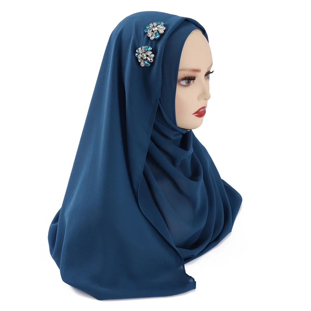 Floreale strass Chiffon donna musulmana velo morbido Premium scialli lunghi buone cuciture Foulard Femme Hijabs pianura turbante da donna