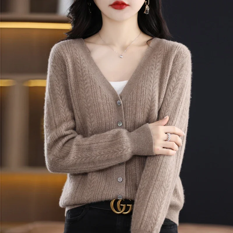 

100% Wool Cardigan Womens Clothing V-neck Sweater Female Long Sleeve Tops Knitted Korean Fashion Warm In Outerwear Cardigan F635