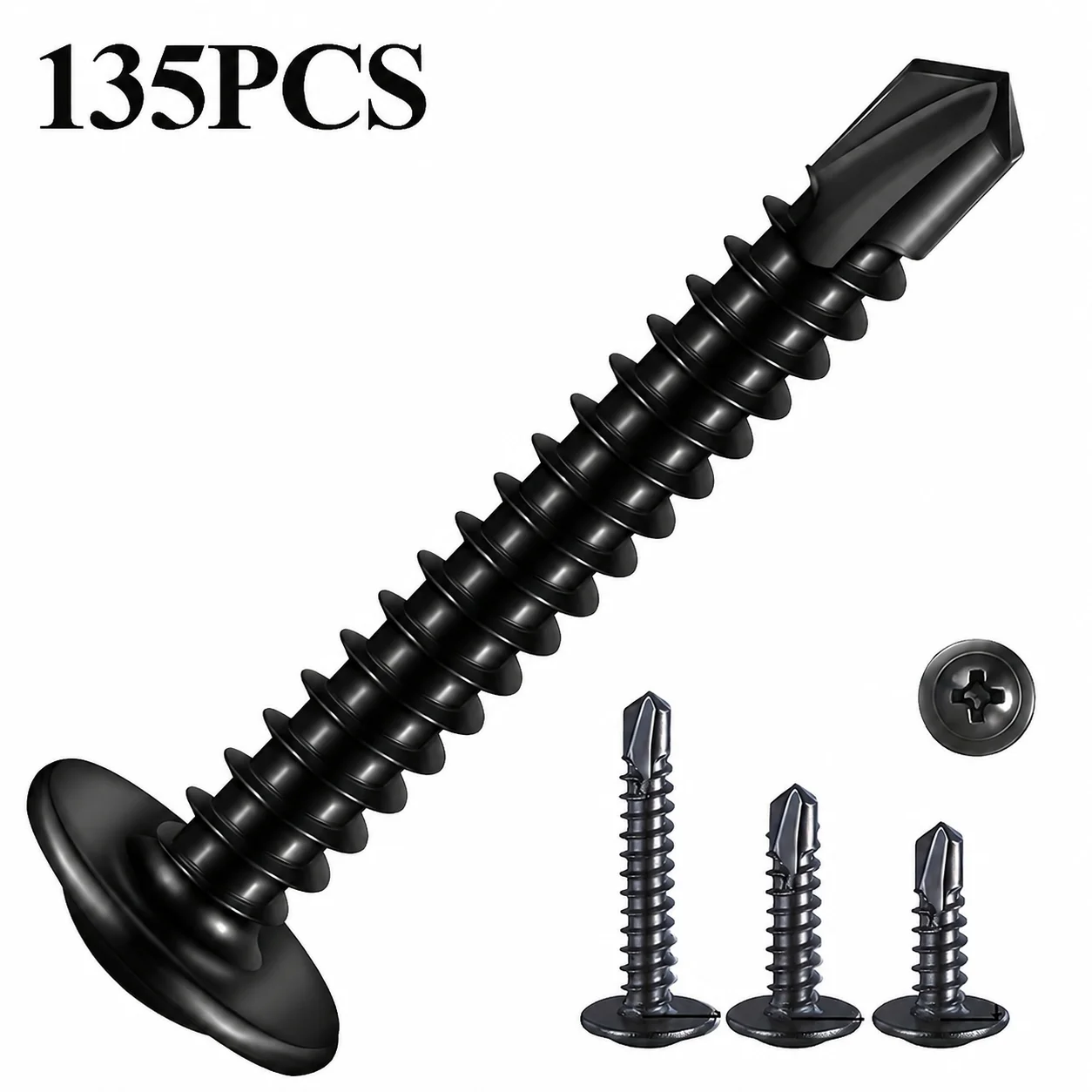 135 Stück # 8 schwarze selbstbohrende Schrauben mit Kreuzschlitzkopf, selbstschneidende Blechschrauben, Größen 13mm, 19mm, 25mm
