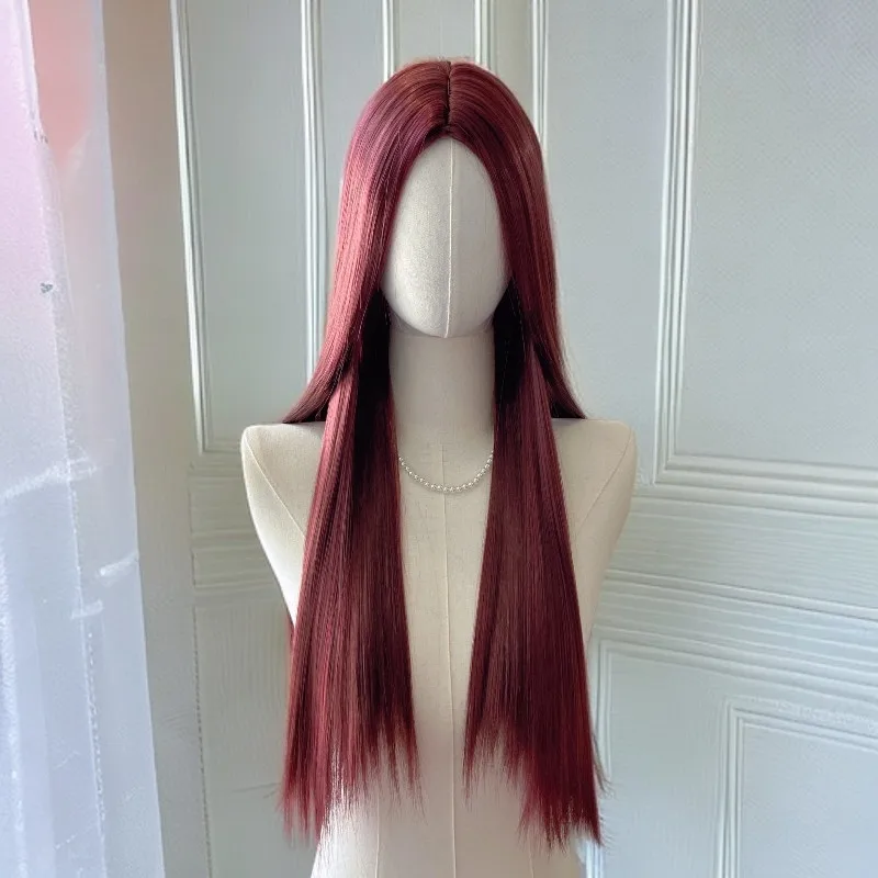 التوت الأحمر متوسط واقعية طويل مستقيم الشعر رقيق الطبيعية الفرنسية نمط المرأة مجموعة شعر مستعار كامل اشراق شعر مستعار مجموعة رقيقة طويلة