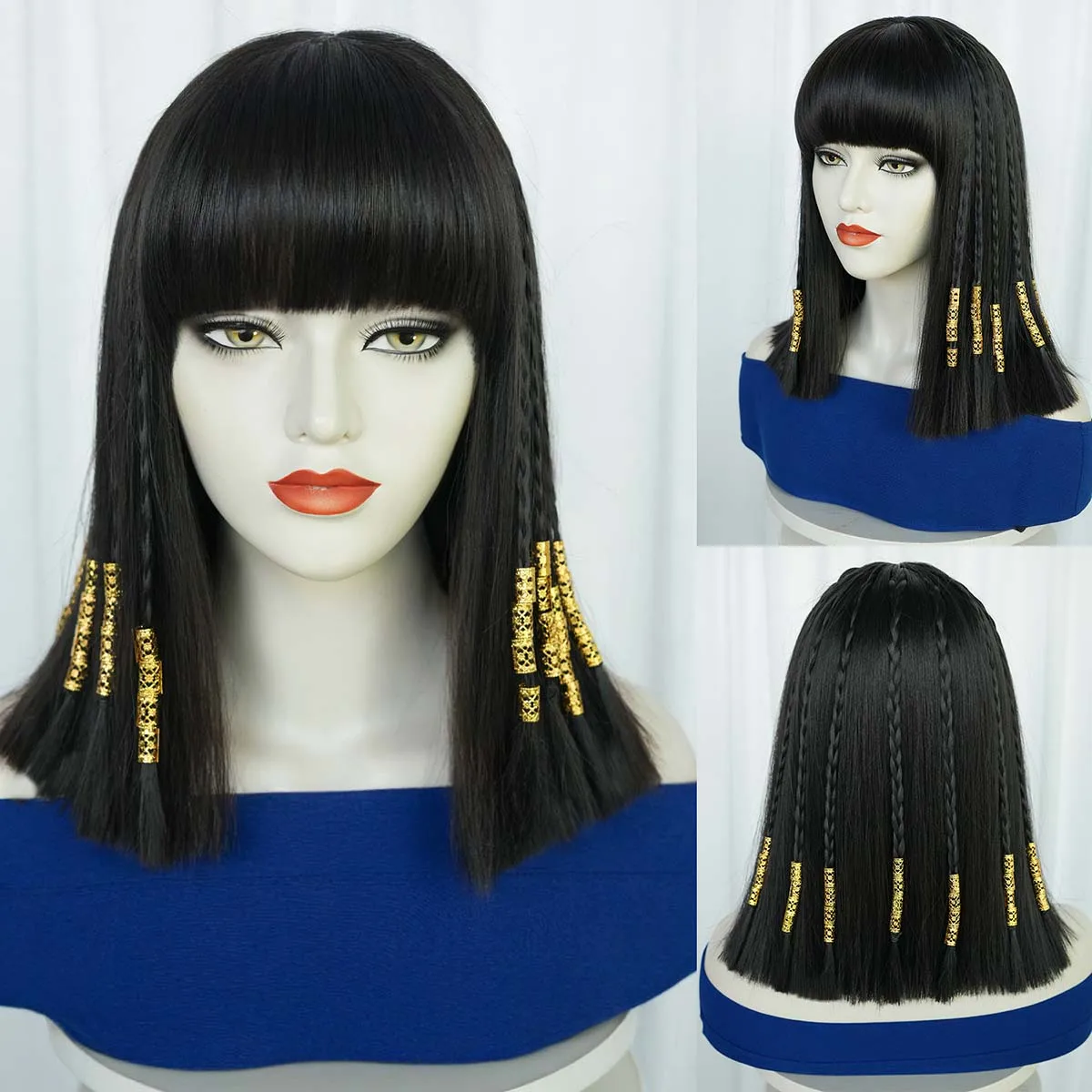 المرأة هالوين زي الدعائم المصرية كليوباترا تأثيري أسود قصير مستقيم بوب شعر مستعار مع ثعبان خوذة