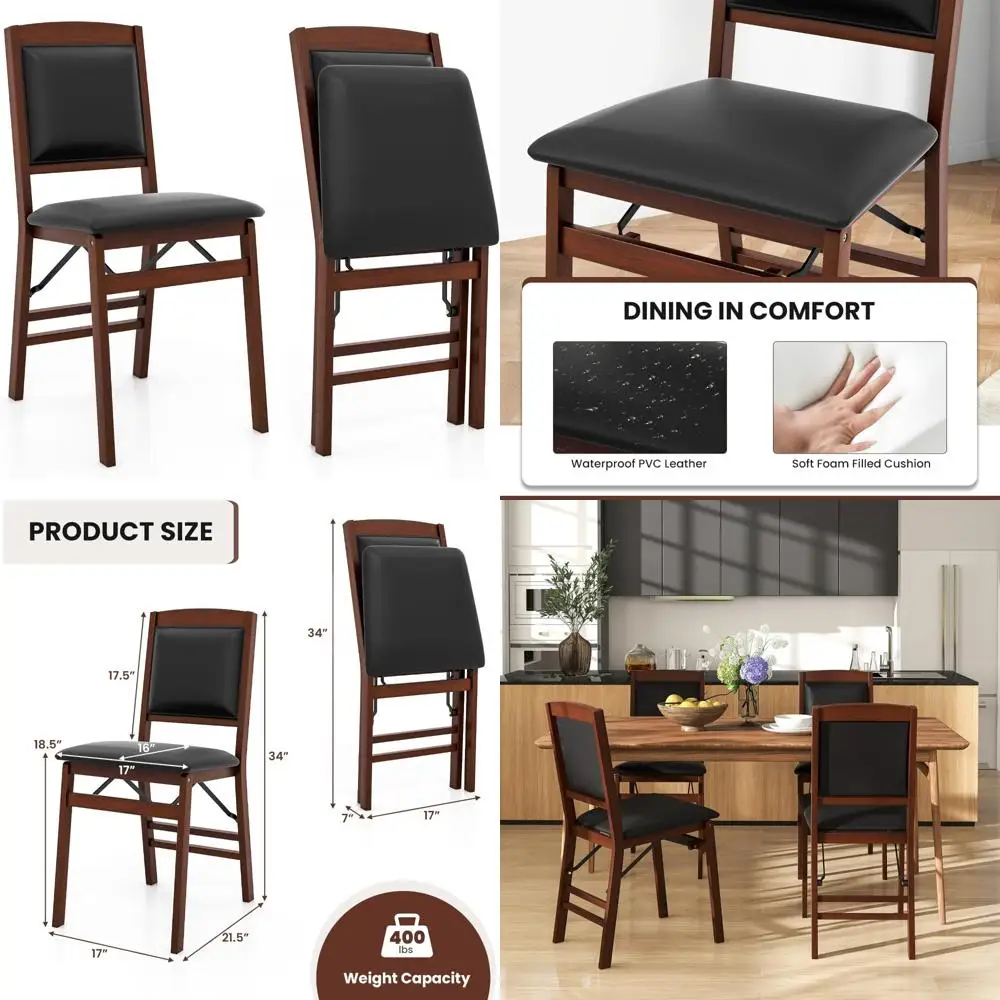 

Folding Wood Dining Chairs Set of 2, Padded Seat, Solid Frame, Max 400 Lbs Load, Kitchen Furniture
