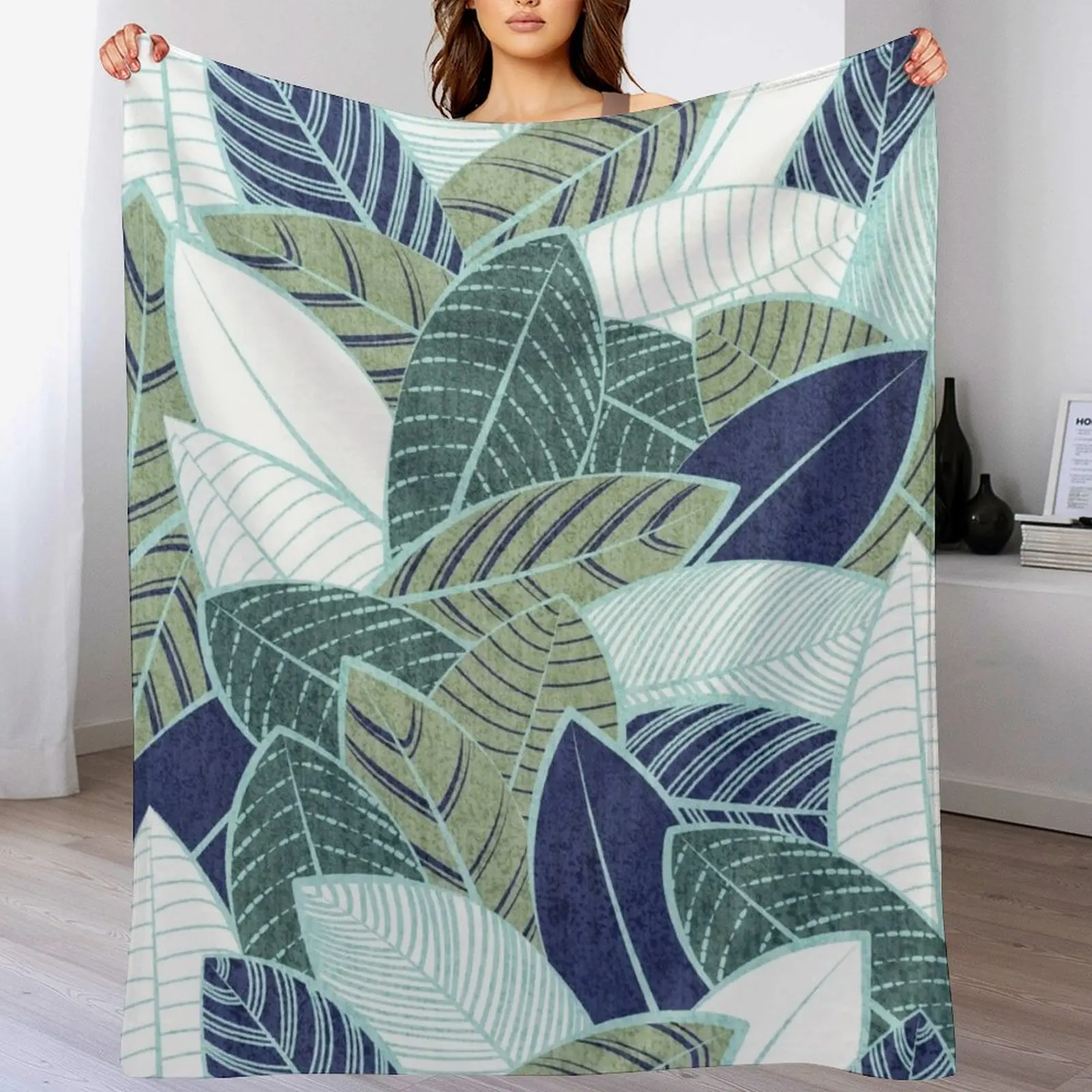 

Leaf wall // navy blue pine and sage green leaves mint lines Throw Blanket Ultra Soft Flannel Fleece Blanket for All Seasons