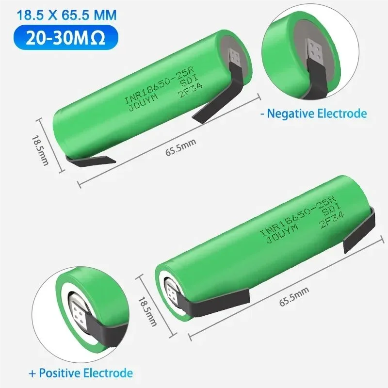 Batería de litio recargable INR18650, 2500mAh, 18650, 25R, 3,7 V, célula de potencia de alta descarga 30A (níquel de soldadura)