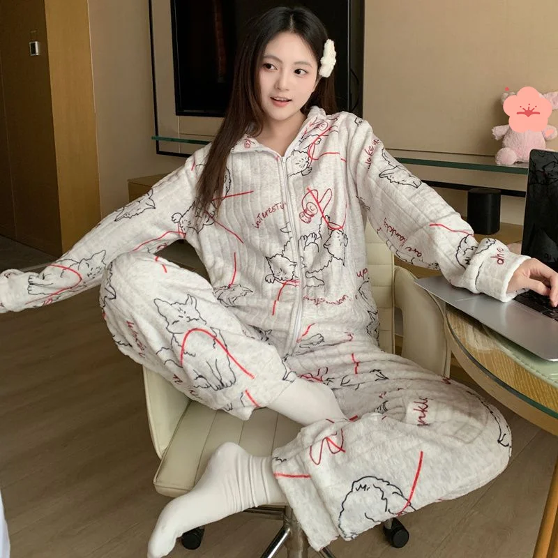 

coral fleece Women's pajamas zipper autumn winter cute kitten Sleepwear cartoon leisure keep warm Pajama flannel homewear suit