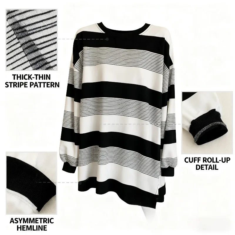 

Women's Striped Long -Sleeve Top Oversized Crew Neck Loose Fit Sweatshirt for Casual Daily and Comfortable Loungewear Outfits