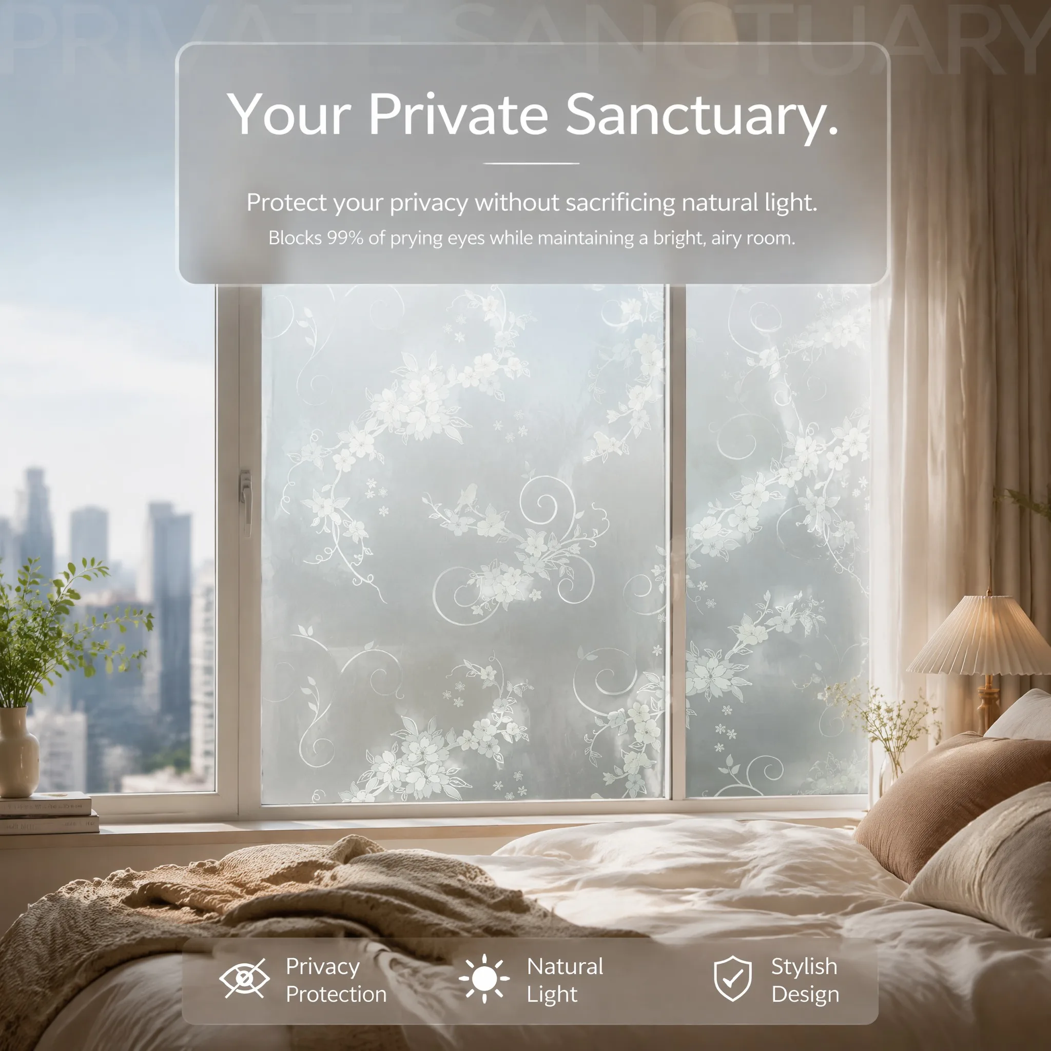 Elegant Vintage Privacy Window Film with Vine Flower Bird Design Built-In Adhesive Soft Light Filter Cuttable Matte PVC for Warm