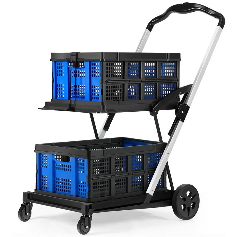 Rengue Multifunctional Folding Cart with Wheels,Two Layers Collapsible Utility Cart Double Layer Foldable Shopping Cart