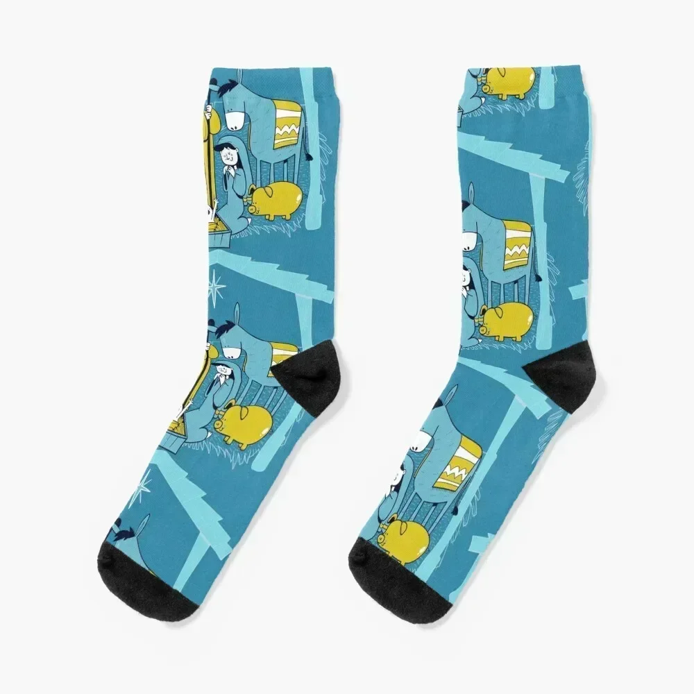 

Holy family scene pesebre manger with animals merry christmas Socks sports and leisure crazy Running man Boy Child Socks Women's