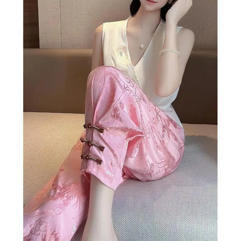 2025 new Chinese syle fashion Chinoiserie casual pants Summer fashion design sense lady women vintage cheongsam trousers