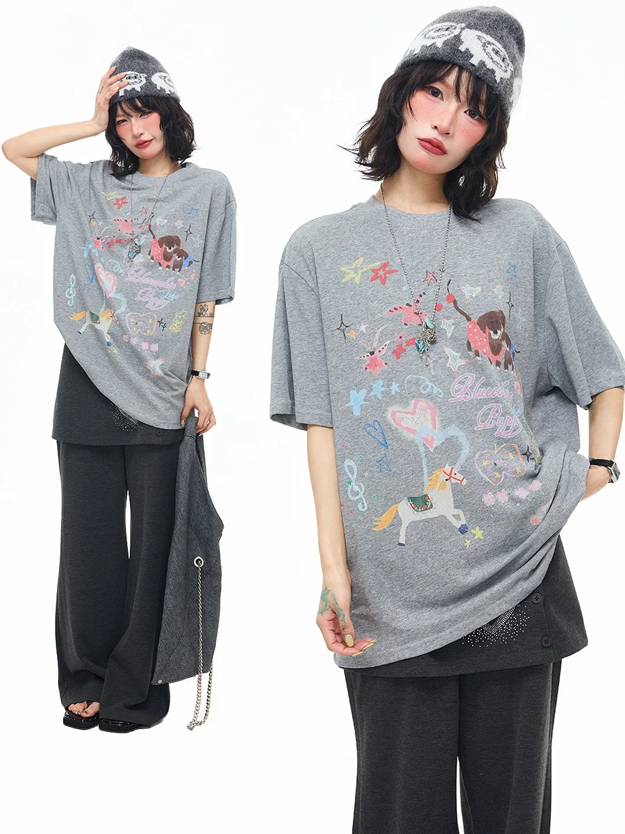 

Sanowers Sweet Cartoon Print round Neck Short Sleeve Women's T-shirt Summer Casual Loose Versatile Top Breathable Cotton Poly...