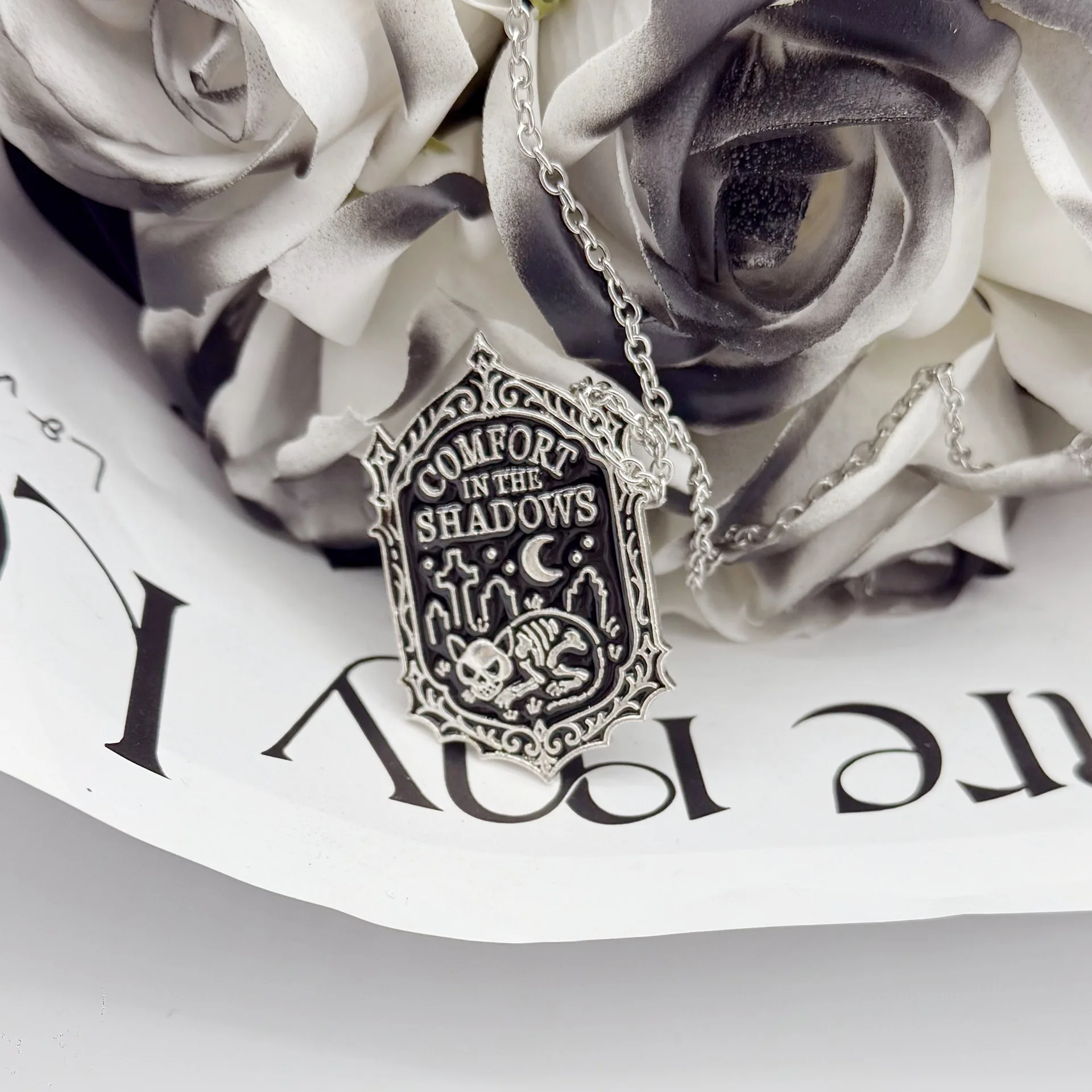 Death Cat Tombstone Necklace,Gothic jewelry,Witch accessories,COMFORT IN THE SHADOWS,Mystery,Moon,Skull Cat Choker For Women Man