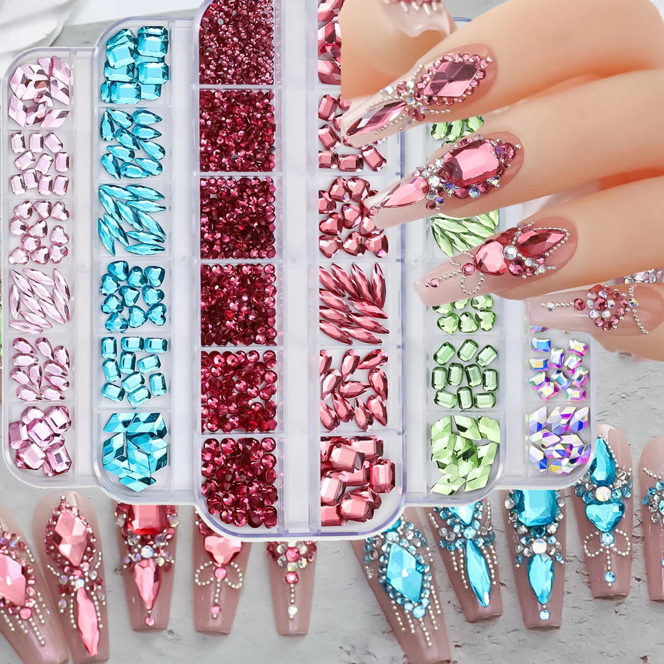 920Pcs SS4-SS16 Round Diamond+60Pcs Mixed Shapes Rhinestone Set 3D Flatback Pink/Clear Nail Crystal Christmas Manicure Glass Y2K