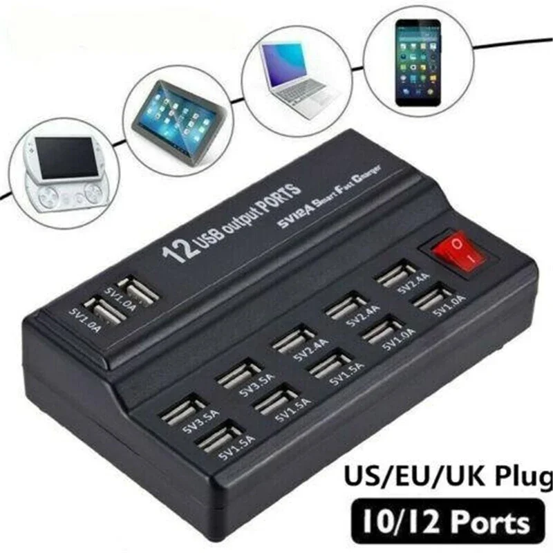 12 Ports USB Charger AC Adapter Multi-Port Fast Charger Travel Wall Hub 10A Smart Charging Station