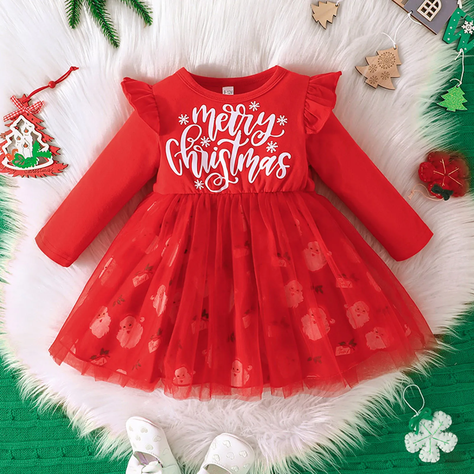 Christmas Dress For Toddler Girls Tulle Dresses Santa Claus Print Long Sleeve Princess Dress 2023 Autumn Baby Party Clothing