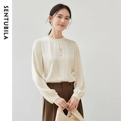 SENTUBILA Women's Elegant Chiffon Blouse 2024 Autumn Solid Simple Commute O Neck Puff Sleeve Temperament Shirt 143V56980