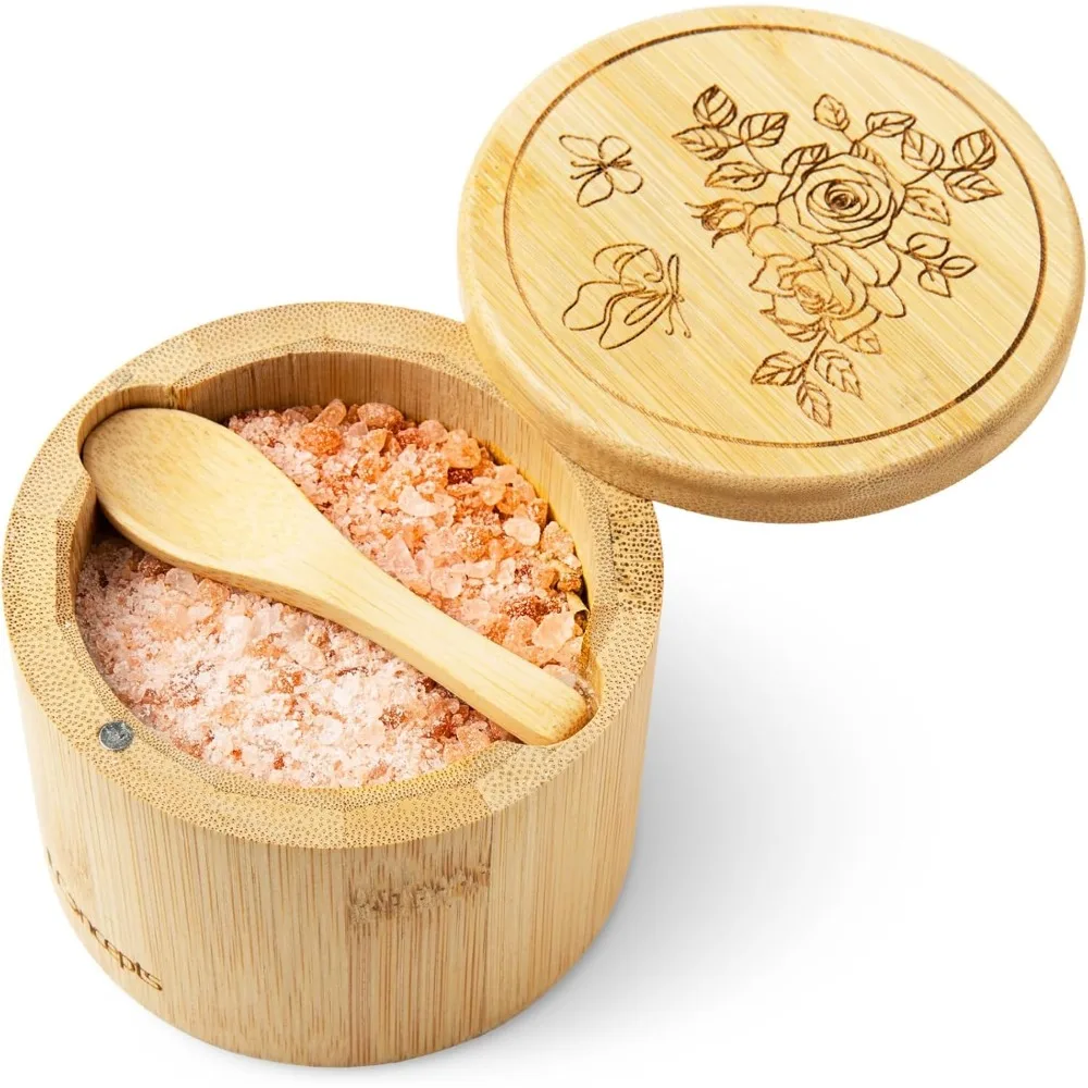 

Bamboo salt jar storage box, bowl with magnetic rotating lid and spoon, countertop wooden container, pepper rack, sugar