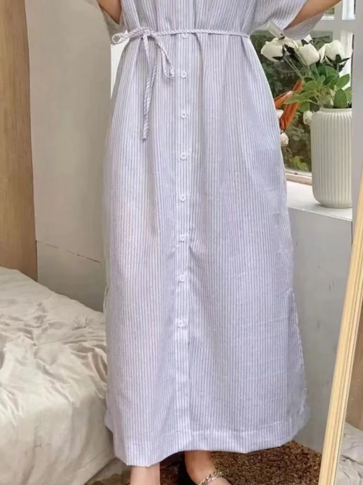 Zomer vintage gestreept linnen shirt vrouwen jurk nieuwe korte mouw casual losse enkele rij knopen v-hals dames jurk vestidos
