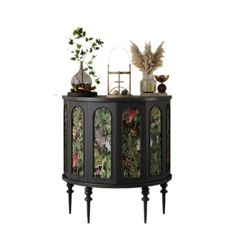 

French retro side cabinet painted solid wood semicircular storage cabinet foyer solid wood wine cabinet