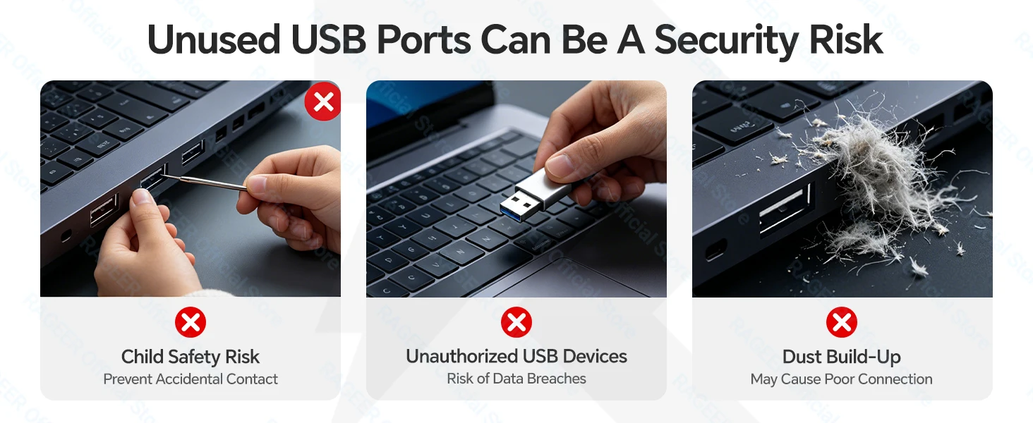 RAGEER USB-Einschubverschluss mit Schlüssel, staubdichter USB-Steckeranschluss, physikalische Schutzvorrichtung gegen Datenverlust für Laptop, Server, Auto, Desktop-Switch usw. – Detail 2