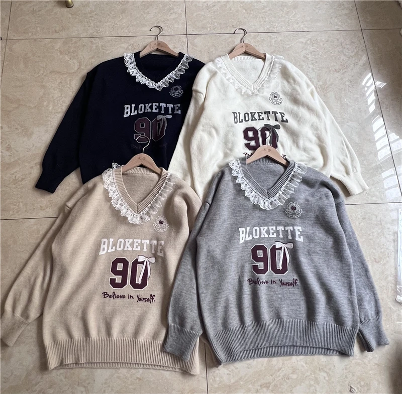 女性用Vネックレースセーター,長袖セーター,プリント服,女性用ファッション,秋冬