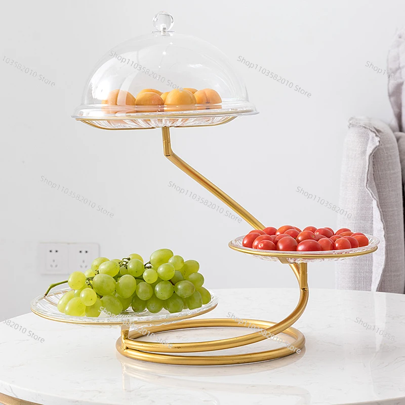 3-Layer Gold Metal Cake Stand, Acrylic Cover Food Preservation Fruit Display Round Tray