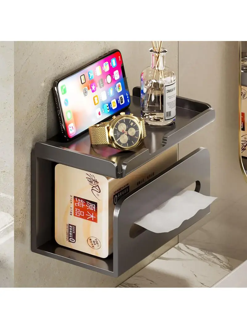バスルームステンレススチールティッシュホルダー壁掛けトイレットペーパーラック多機能携帯電話収納ラック穴あけ不要