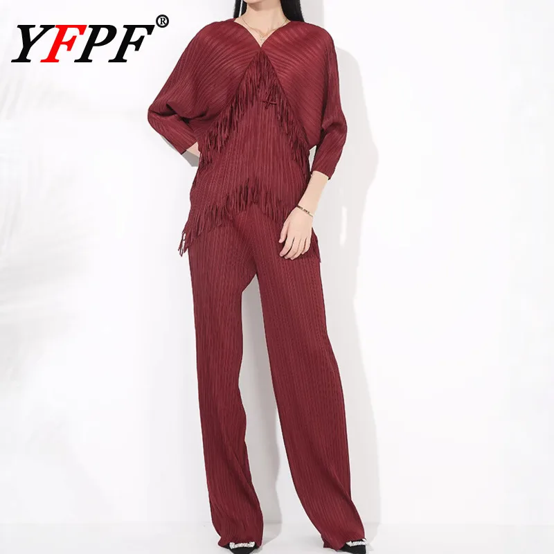 

YFPF Tassel Pleated Women 2 Piece Set For Women V Neck Batwing Sleeve Tops + Long Pants Office Lady 2025 New Clothing 3A381