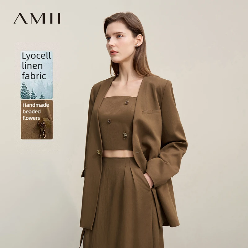 Amii Women's Jacket 2026 Spring New Bead Sheet Flower V-Neck Women's Blazer Straight Elegant Shoulder Pad Blazers Top 12621026