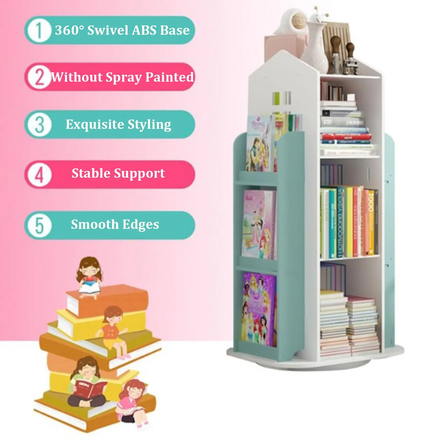 Libreria girevole a 4 livelli, 360 °     Libreria espositiva, libreria da terra, libreria per bambini per camera da letto, soggiorno, studio Ro