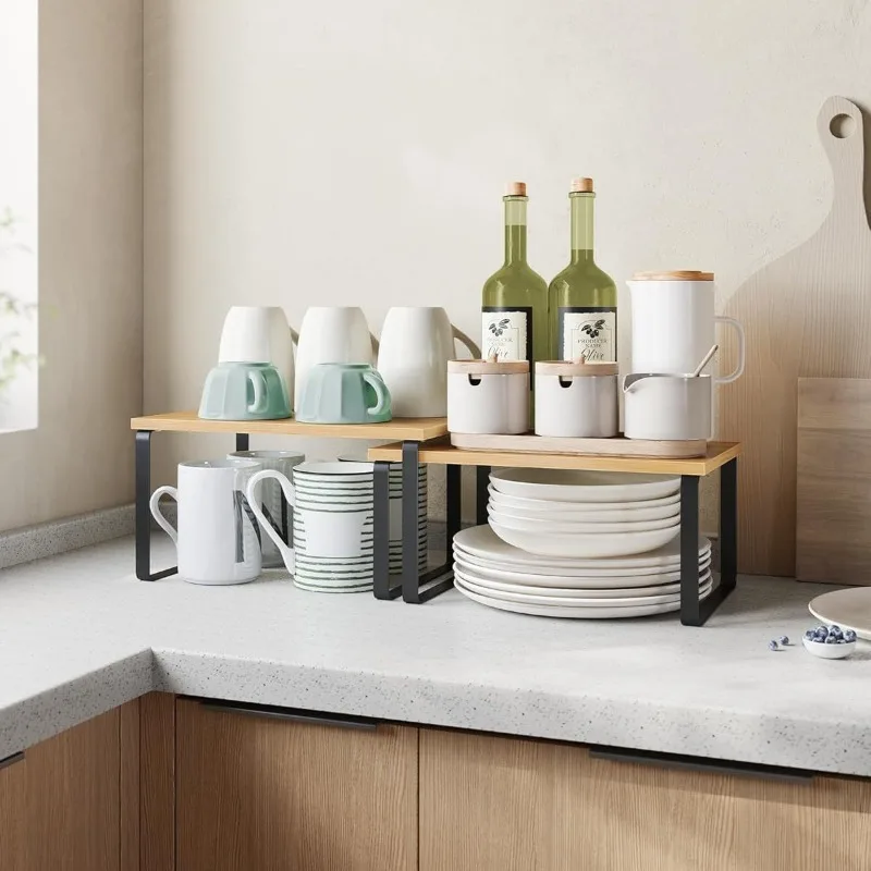 Kitchen countertop storage rack 2-piece set stackable expandable seasoning rack, metal wood combined cabinet storage rack