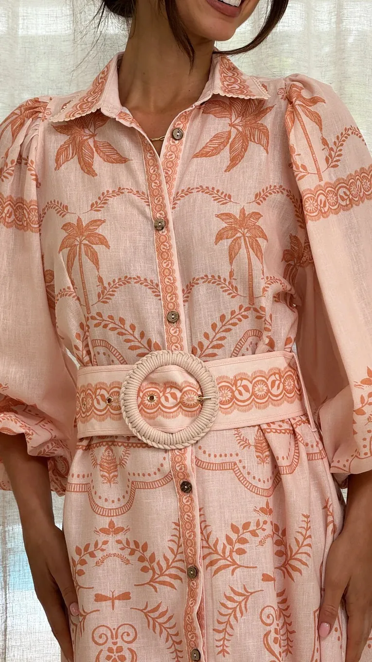 Frauen Hemd Kragen Vintage Floral Print Puff Sleeve Einreiher Frühling Sommer Lange A-linie Leinen Kleid