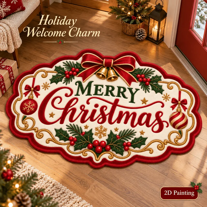 VIKAMA Merry Christmas Bells Bows Holly Irregular Shaped Rug Soft Plush Non-Slip Washable Absorbent Bathroom Mat Cozy Home Decor