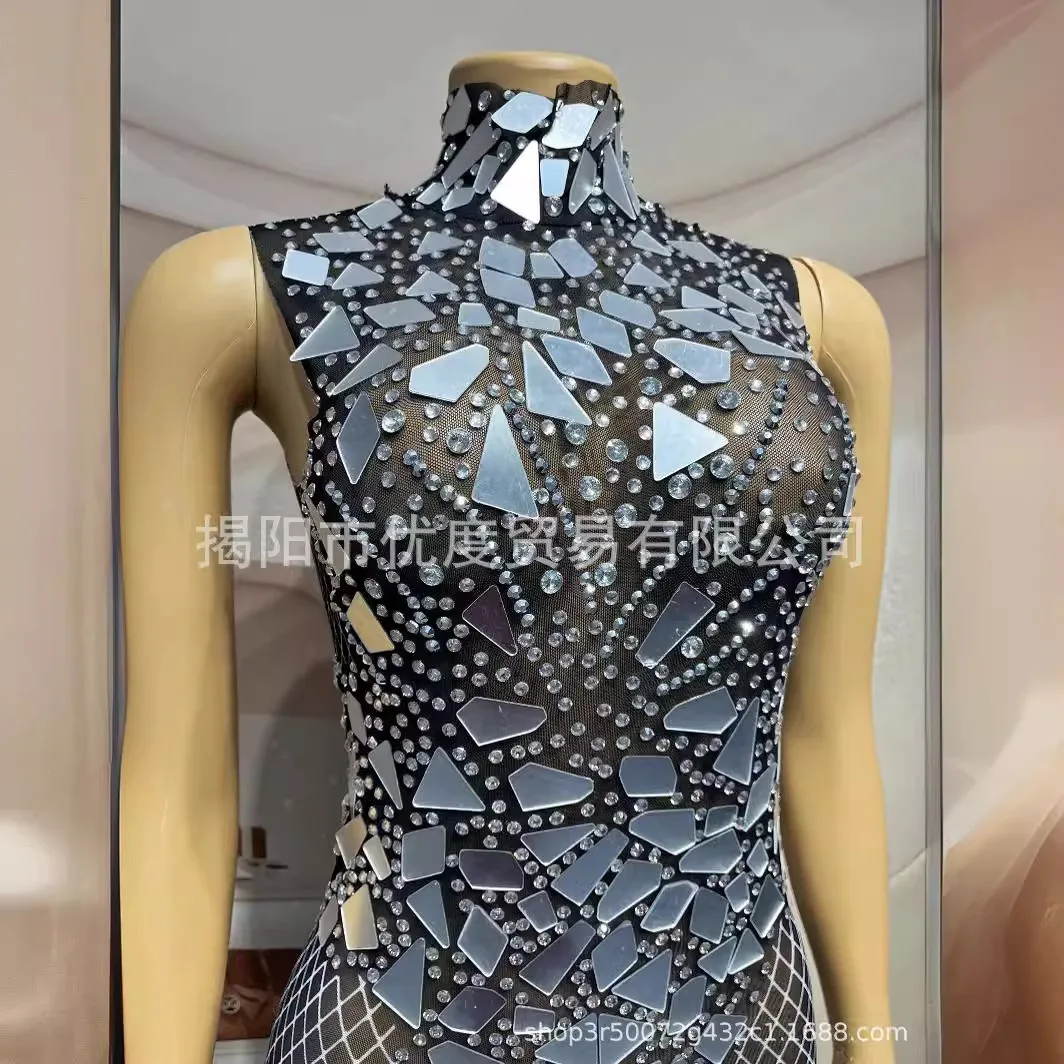Irregular Lenses Turtleneck Sleeveless Trailing Glam Sparkling Mesh Rhinestone Birthday Night Long Dress Mesh Vestidos De Fiesta