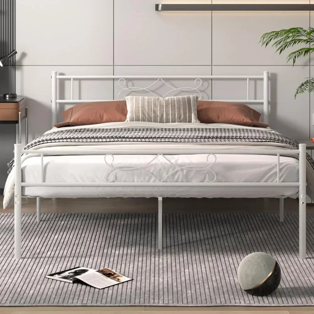 

White Queen Size Bed Frame with Headboard/Metal Platform Base/Mattress Foundation/Steel Slat Support/No Box Spring Needed