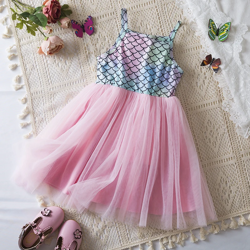 Little Mermaid Ariel Princess Dress 2024 New Summer Holiday Beach Dress Tulle Tutu Kids Girls Suspenders Birthday Party Clothes