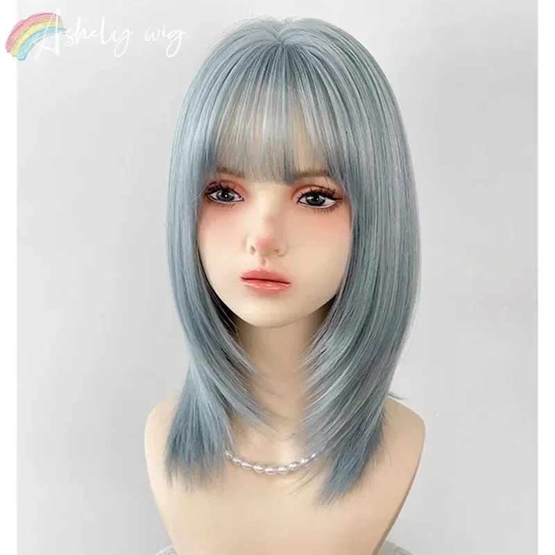 Ashely الأزرق شعر مستعار قصير الإناث الشيخوخة الصيف قسم رقيقة من بوب اليابانية الطبيعية لا أثر محاكاة الشعر شعر مستعار اصطناعي