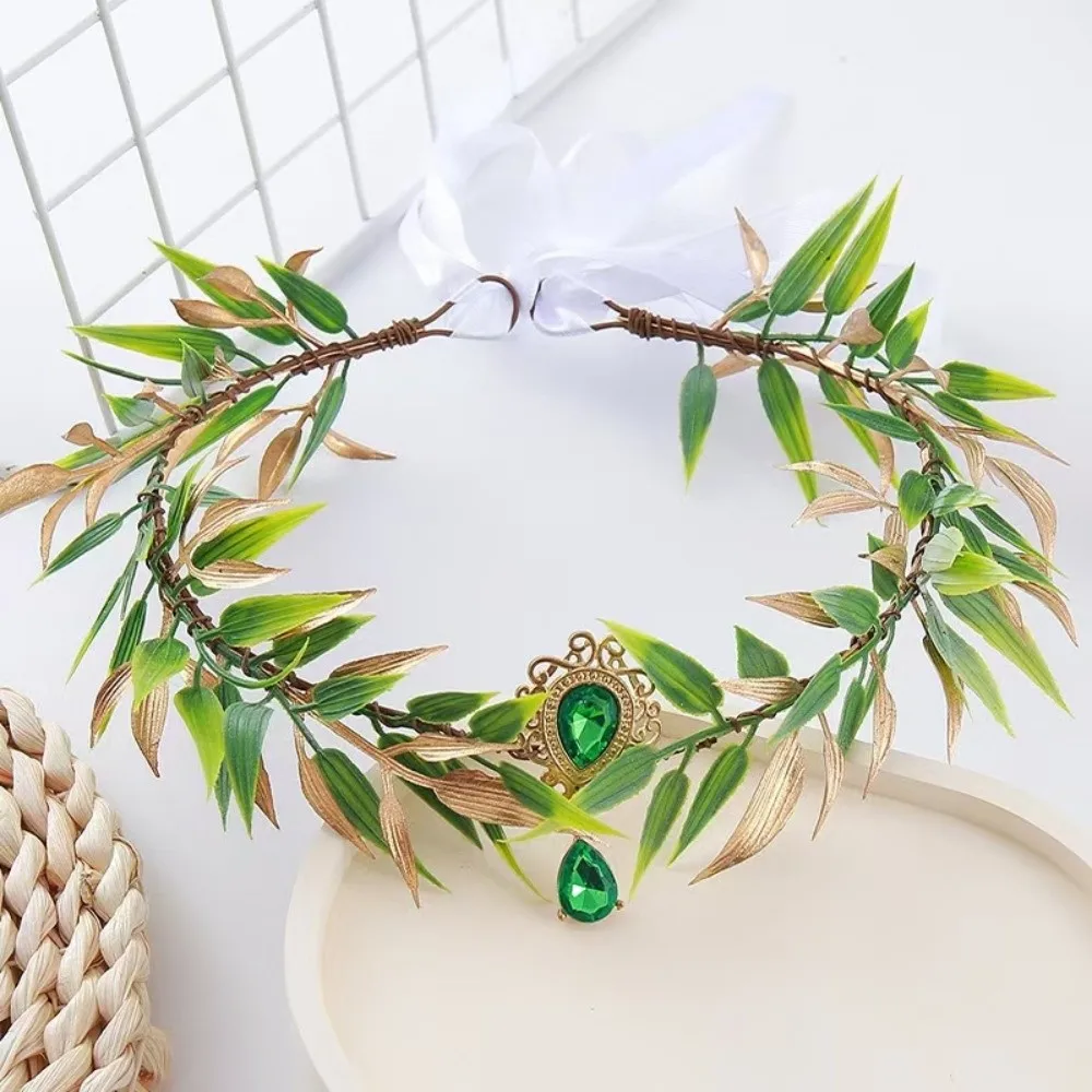Photoshoot Vine Elven Crown Fantasy Diadem Elf Tiara Simulate Tree Leaves Rhinestone Decorated Fairy Headpiece Gothic Style