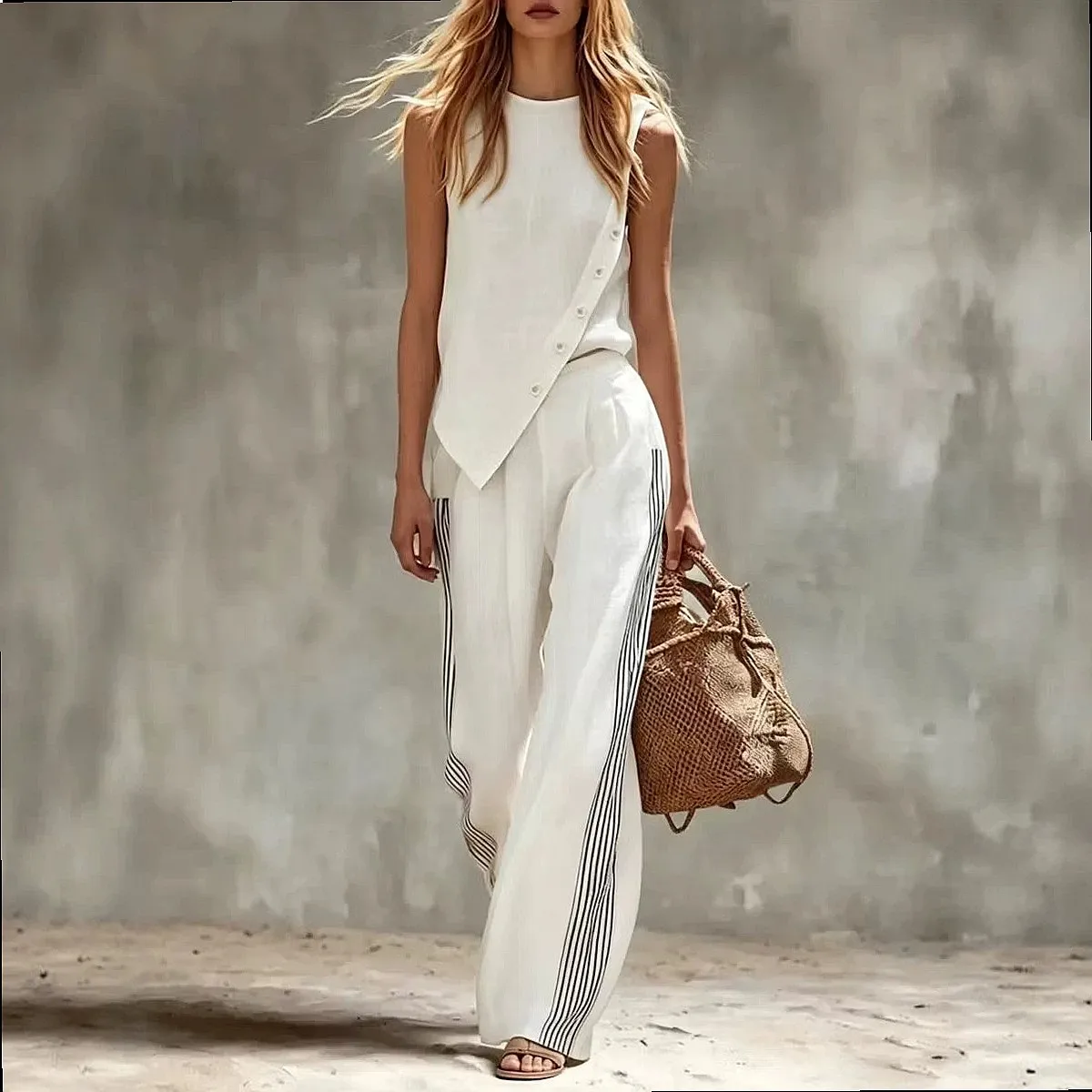 Women's Sleeveless Vest Top with Stripe Pants Matching Set Casual Jumpsuit Playsuit