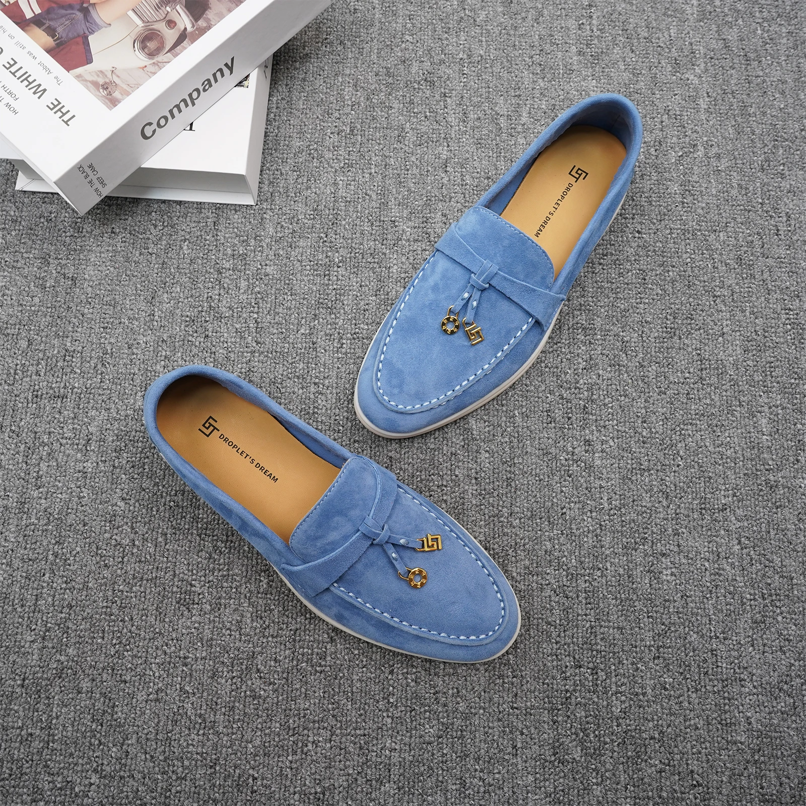 new women\'s round headed luxury casual shoes with cashmere surface anti slip driving shoes solid color metal decoration loafers