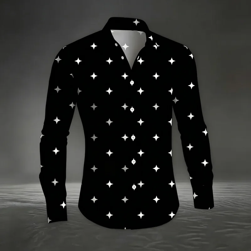 2026 New Men's Shirt Black and White Diamond Grid Printed Long Sleeve Shirt Personalized Printed Business Casual Shirt XS-6XL