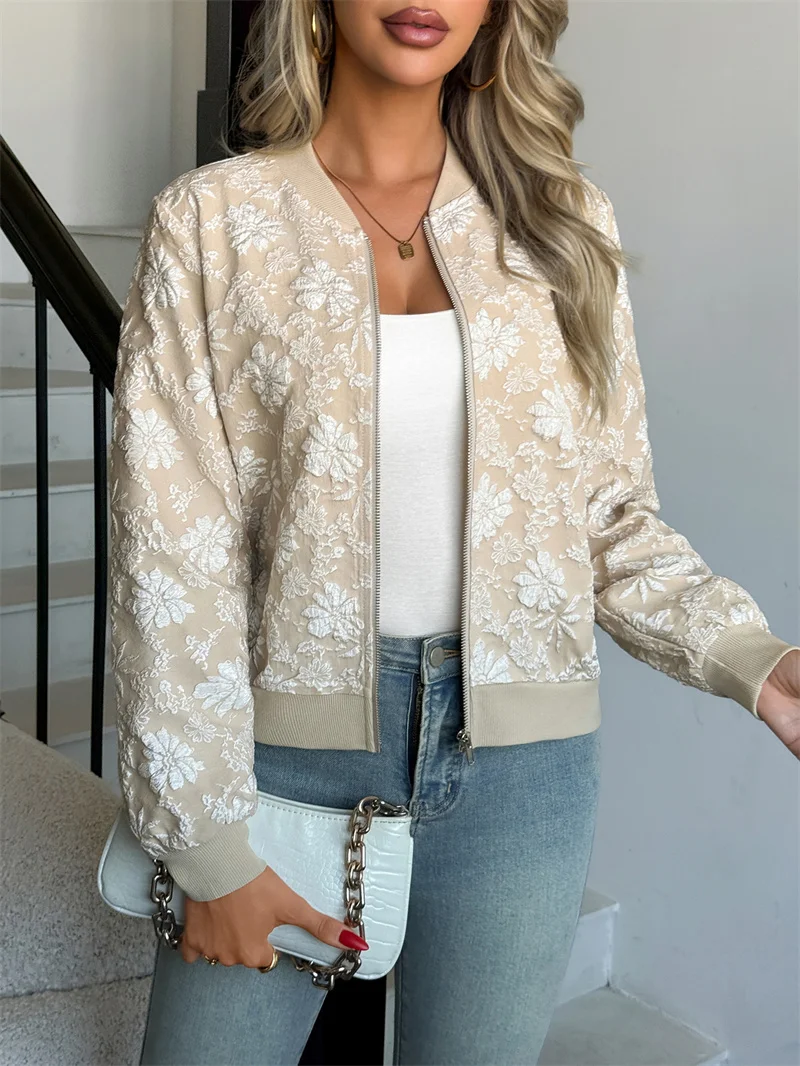 

2025 Fashion Spring Summer Jacquard Short Jacket Women's Long-sleeve Thin Casual Coat Streetwear Lady Zip-up Baseball Jackets