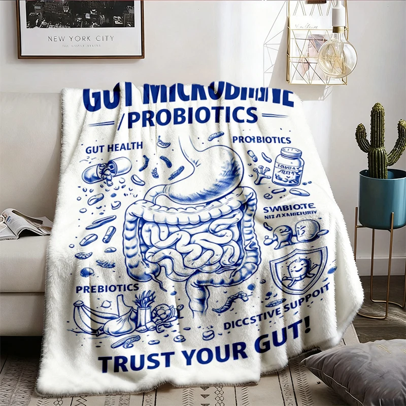 Gut Microbiome Probiotics Vintage Science Flannel Blanket, Retro Biology Graphic Flannel Throw