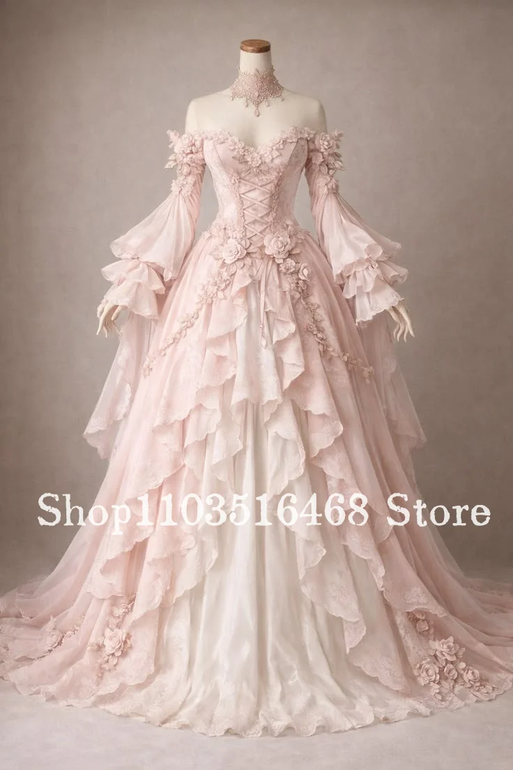 Maßgeschneidertes Traumhaftes Rosa Süßes Schulterfreies Ballkleid Viktorianisches 3D-Blumen-Korsett Abendkleid Abschlussball-Kleid Partykleid