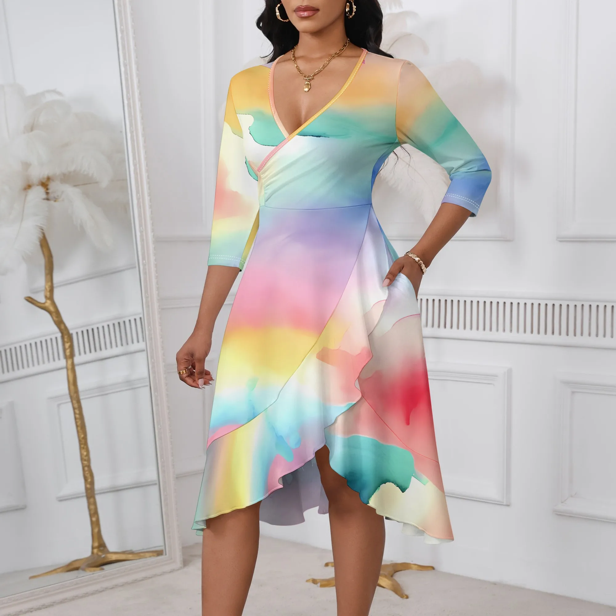 

Nupusa Rainbow Gradient Print Dress for Women Regular Size Summer Casual V Neck three-Sleeve Asymmetrical Midi Dress